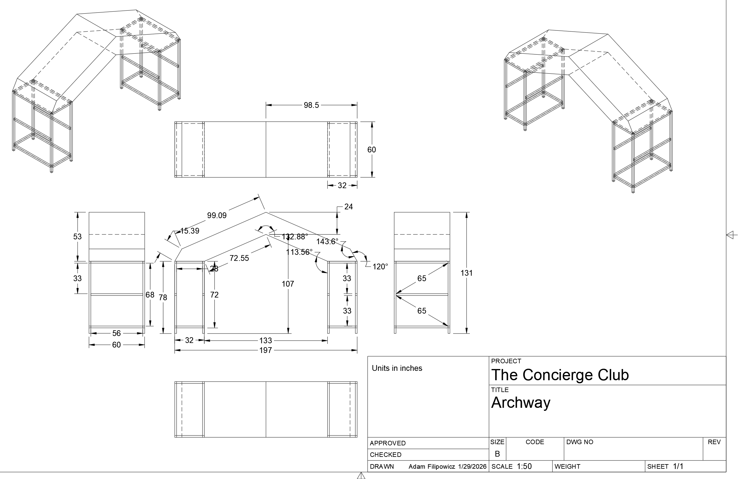 Technical drawing of a custom CBC event archway