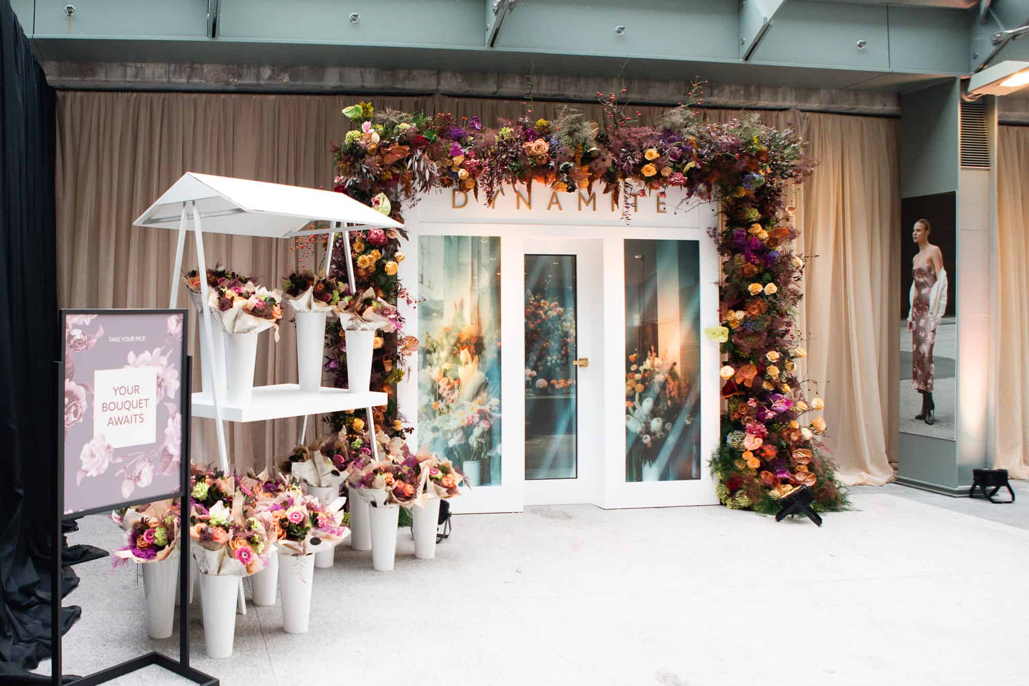 Dynamite floral event entrance installation