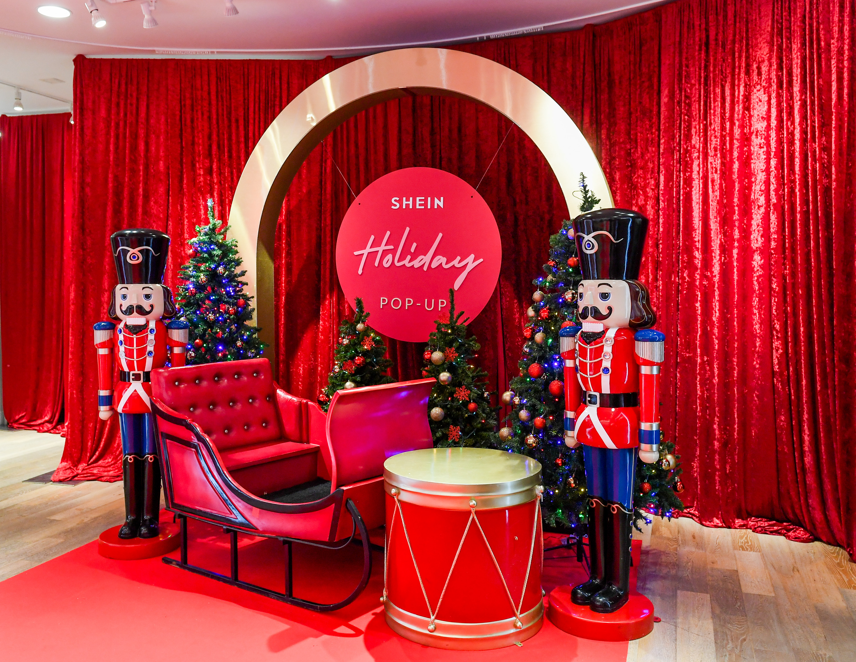SHEIN holiday pop-up with sleigh and nutcrackers
