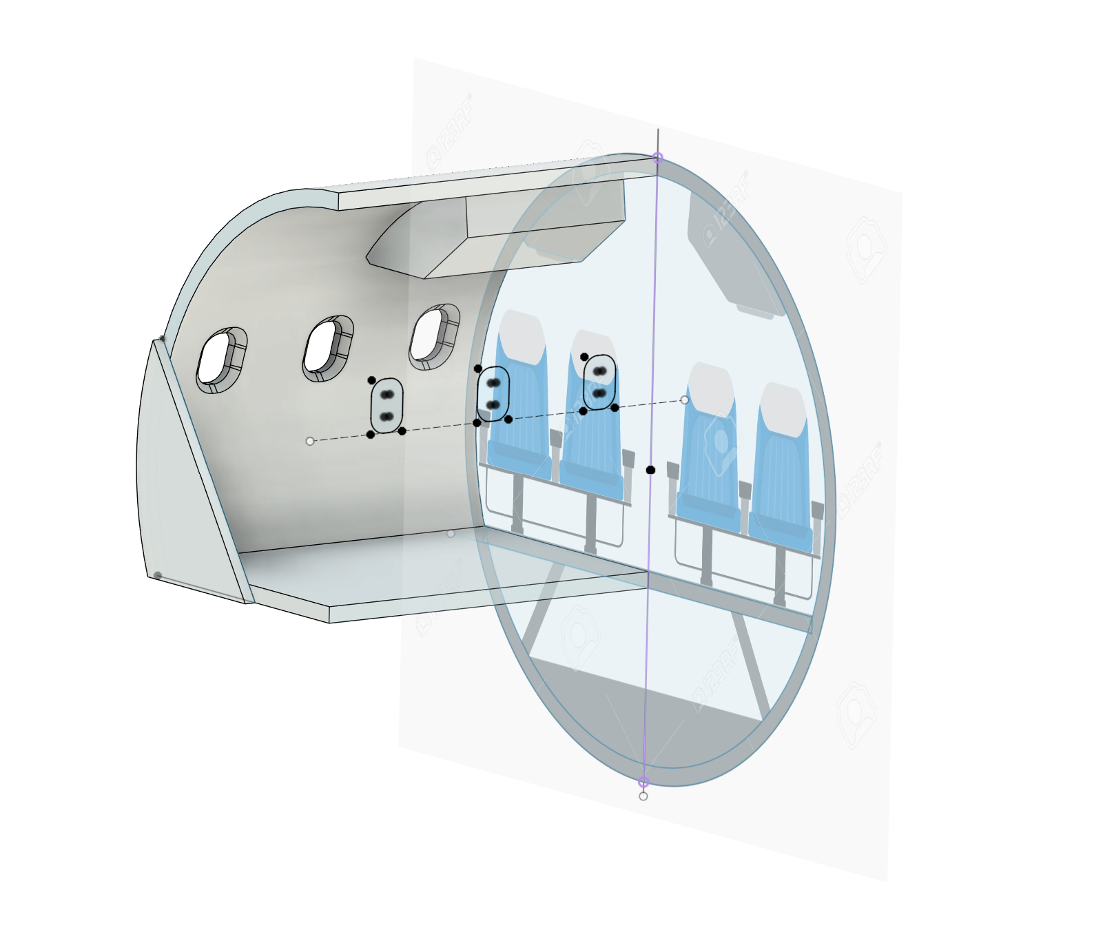 CAD model of an airplane cabin section