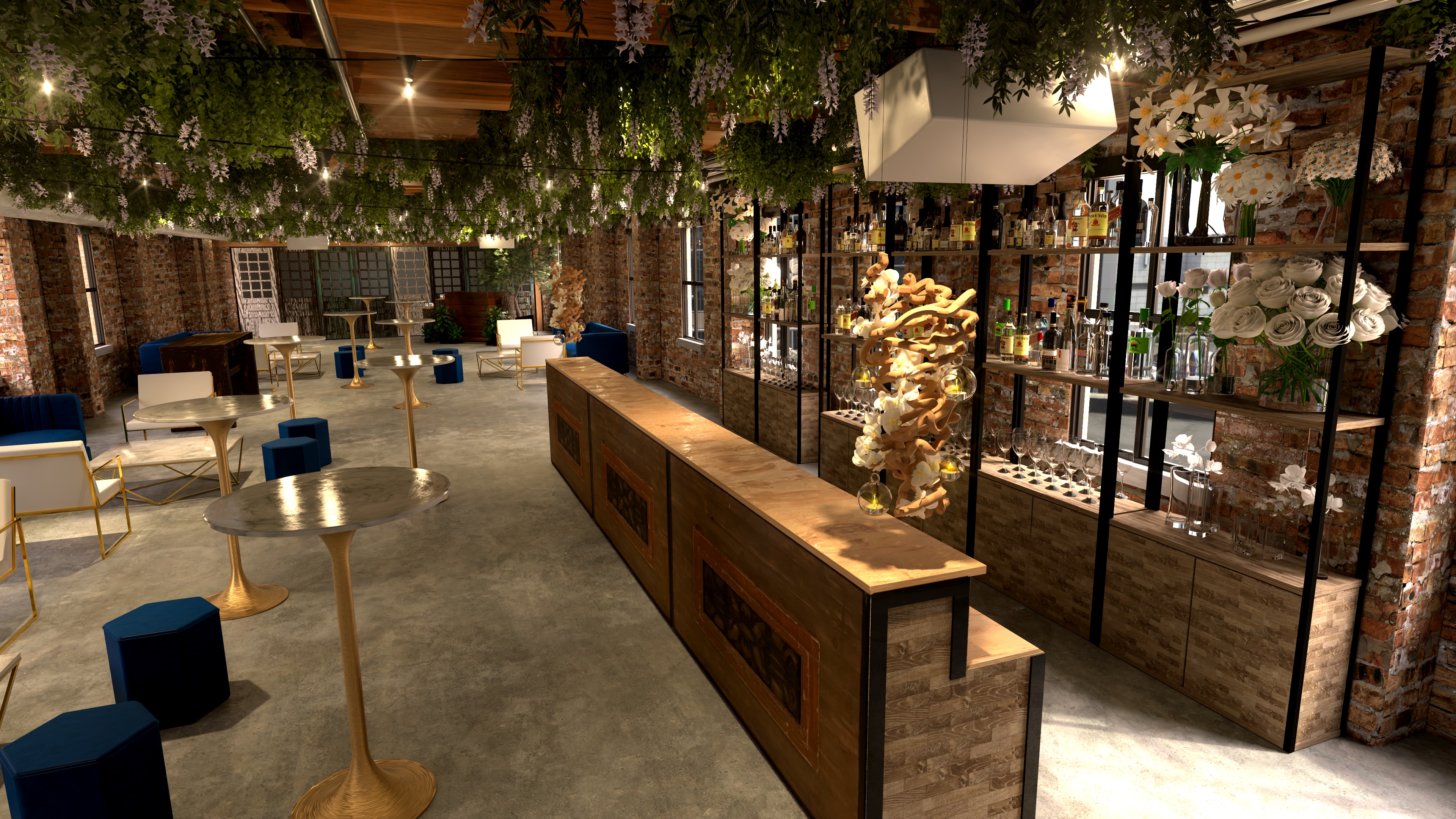 Event interior concept with a floral ceiling and custom bar