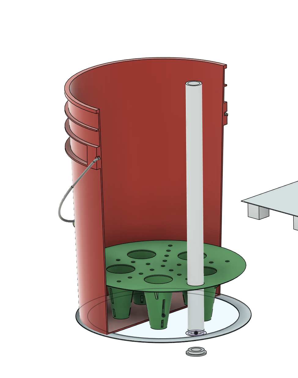 Sectioned CAD model of a custom bucket mechanism