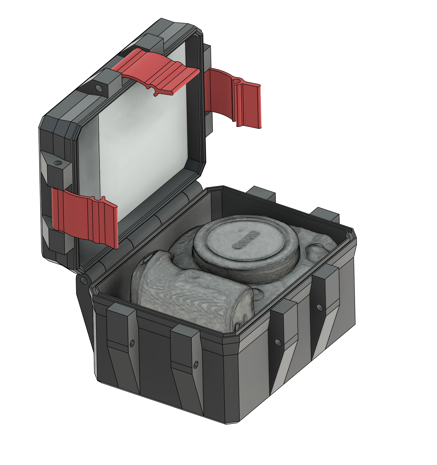 CAD model of an open custom display case with fitted contents