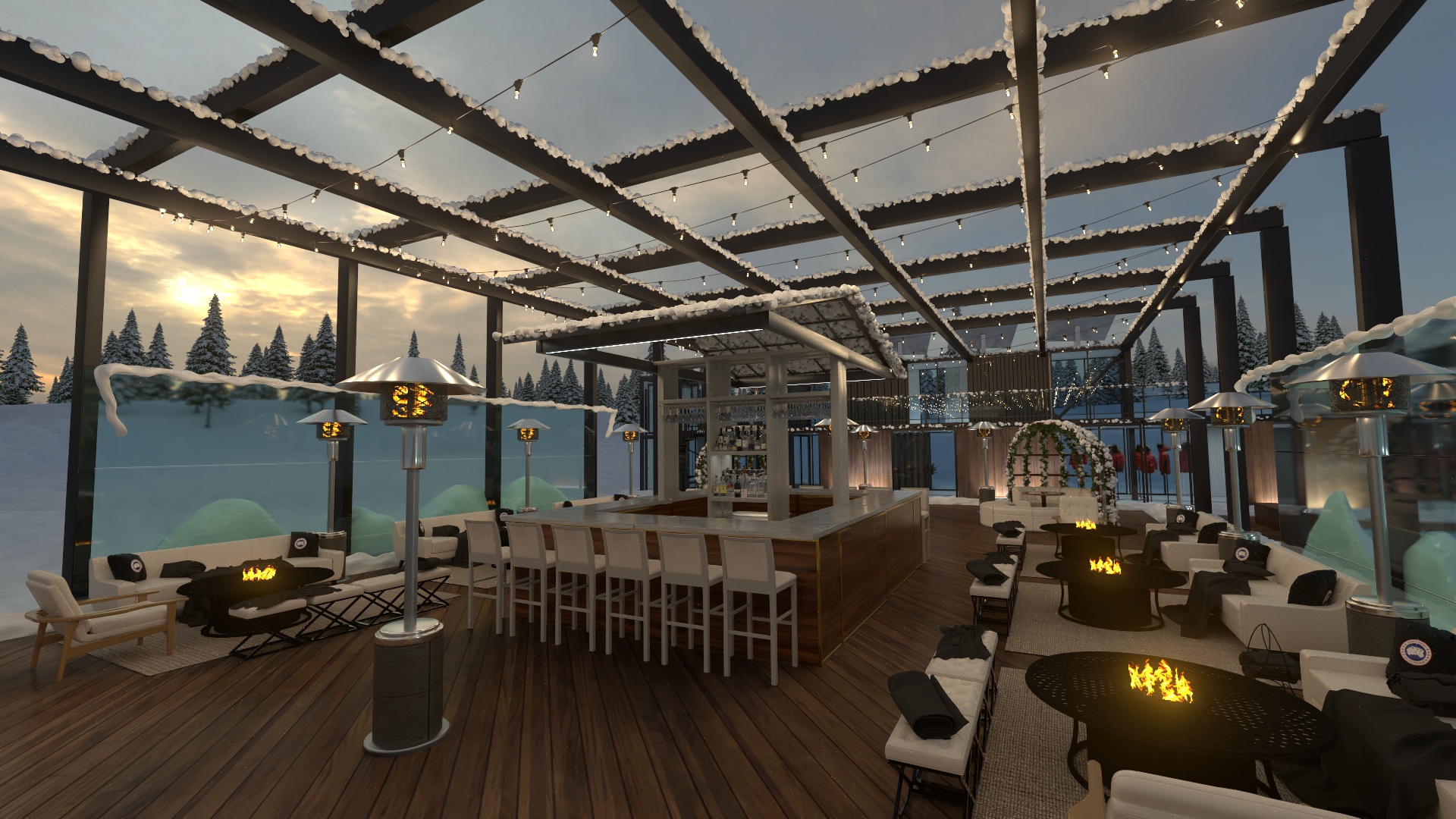 Winter hotel terrace bar concept