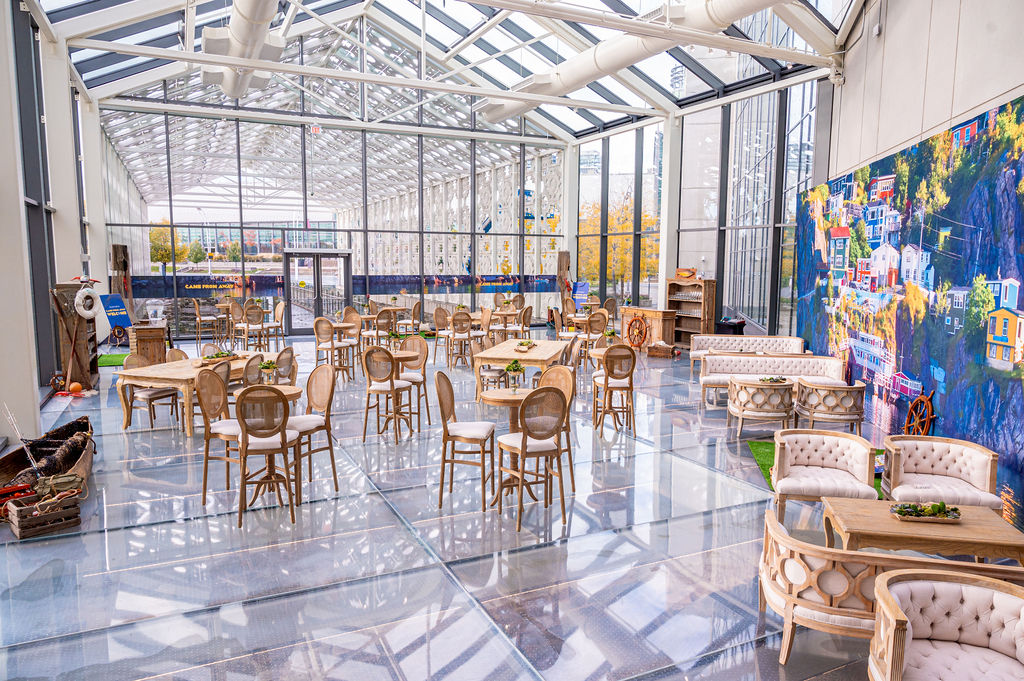 Come From Away themed event space in a glass atrium