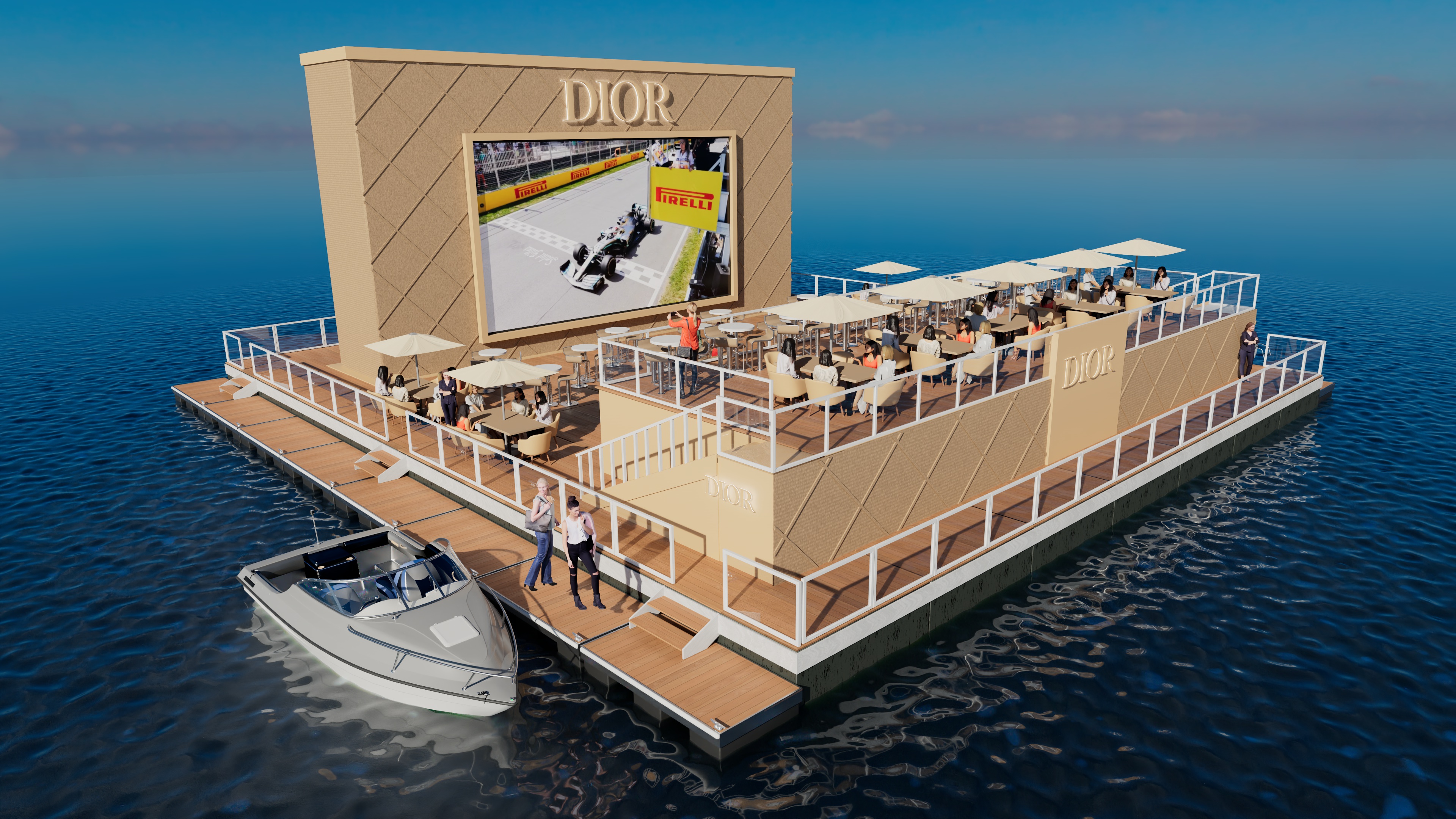 Dior branded event barge concept with Formula One viewing screen