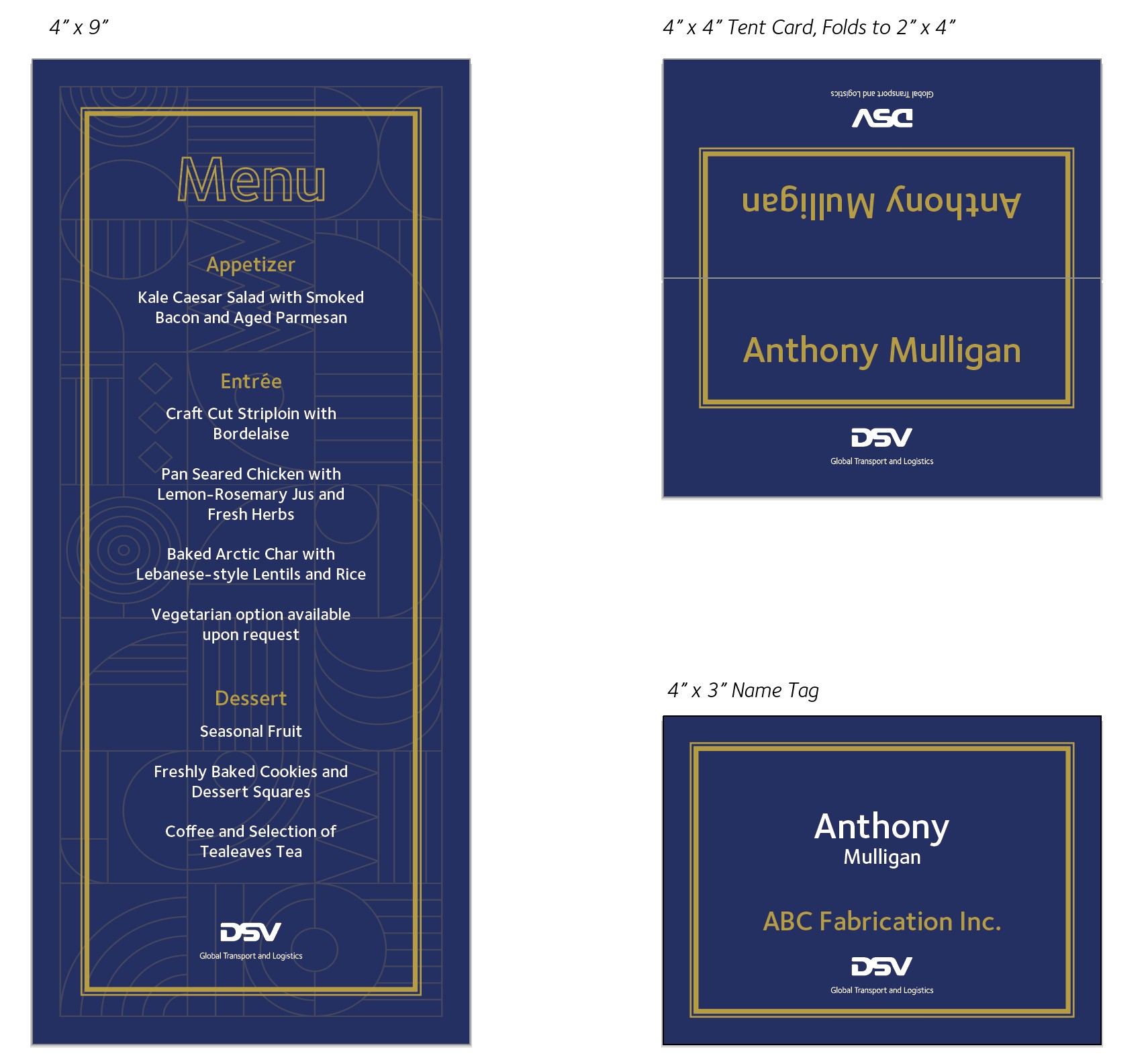 DSV event menu, tent card, and name tag designs