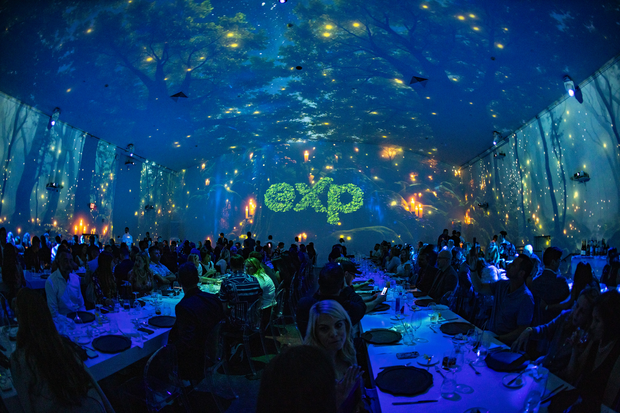 EXP Awards dinner with immersive forest projections