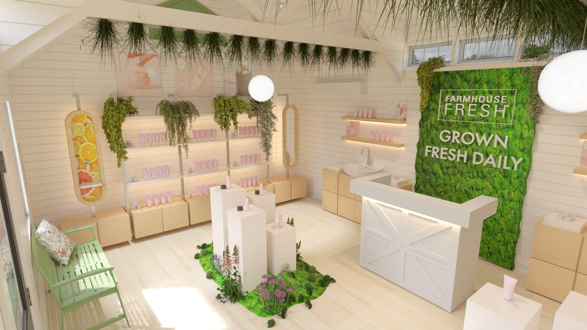 Farmhouse Fresh retail interior concept with garden-inspired styling