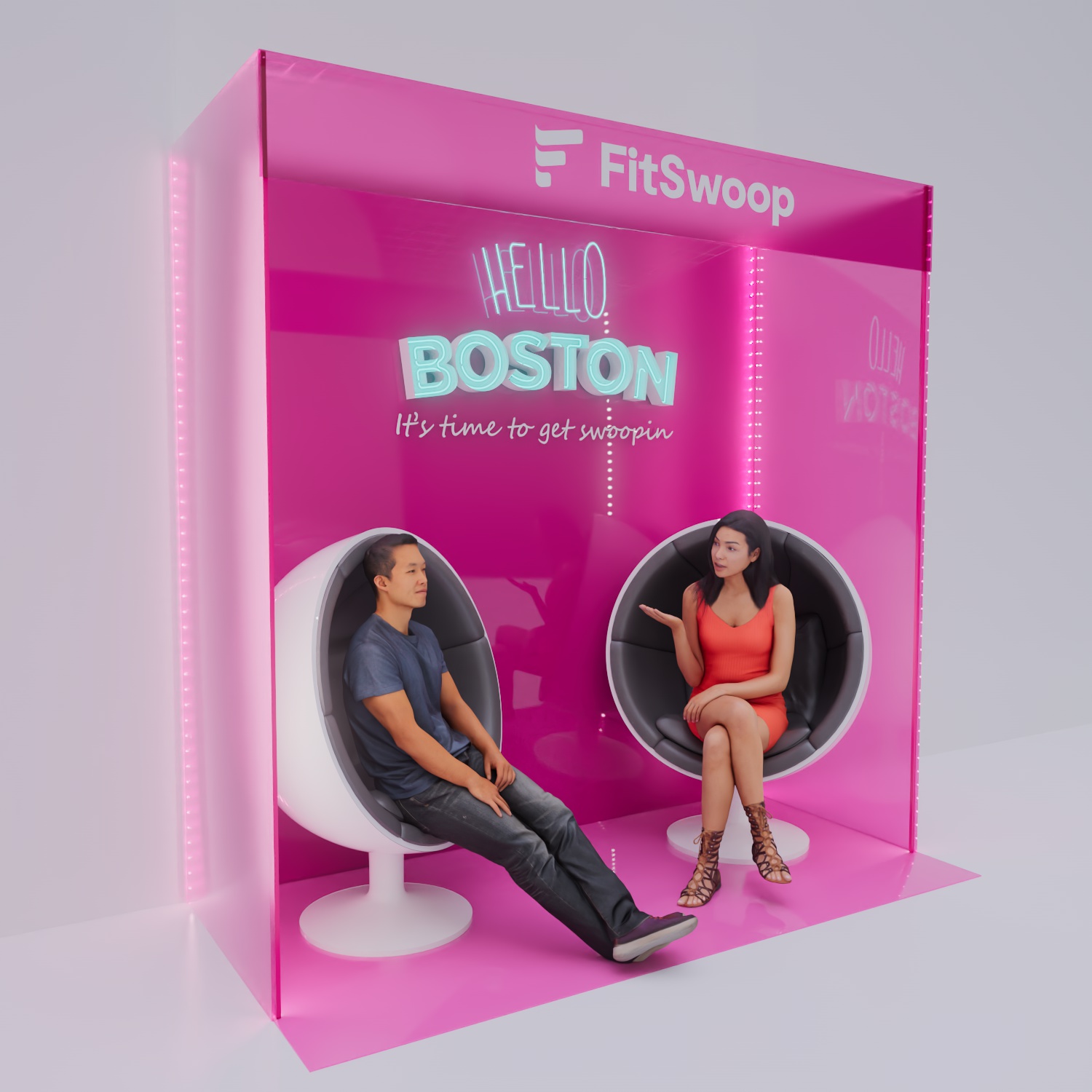 Pink FitSwoop experiential booth with conversation pods