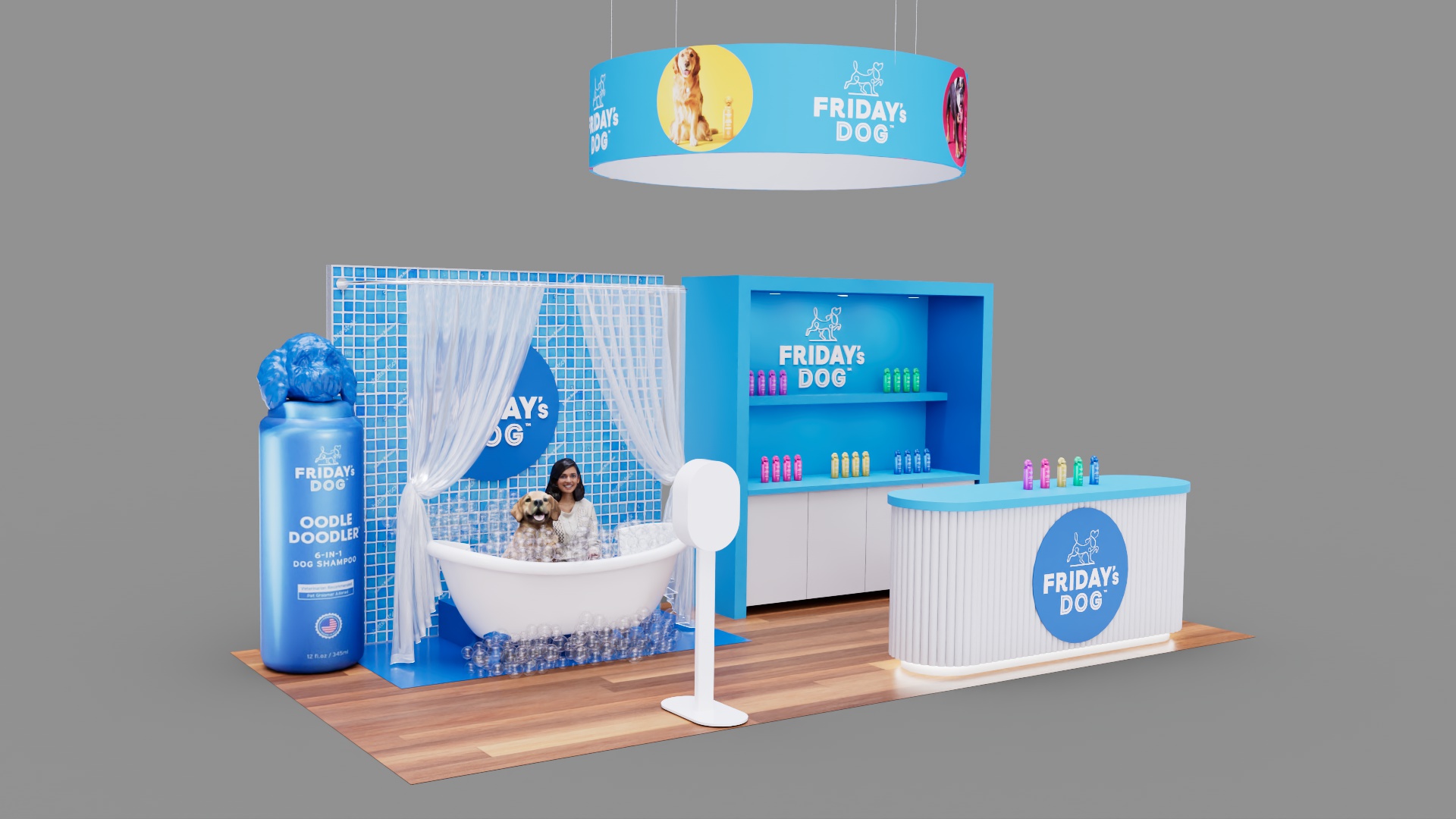 Friday's Dog trade show booth with product display and photo area