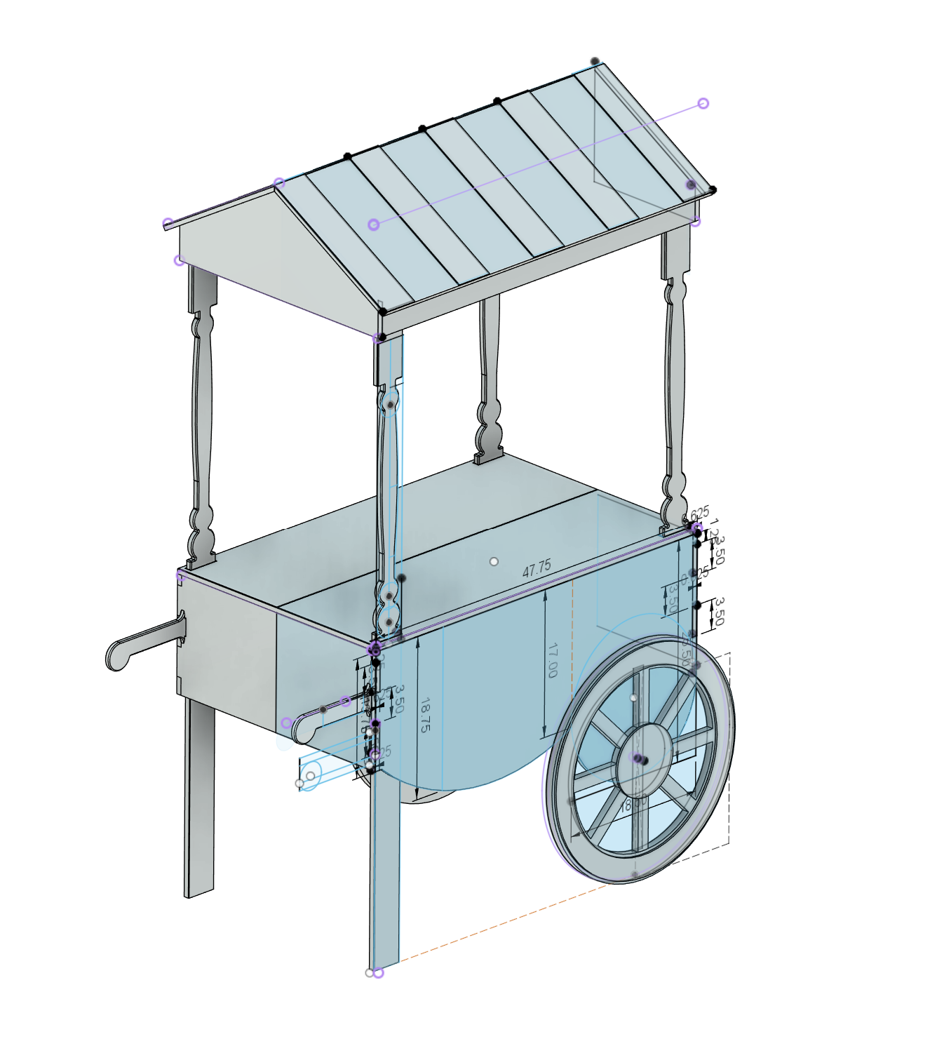 Dimensioned CAD model of a garden market cart