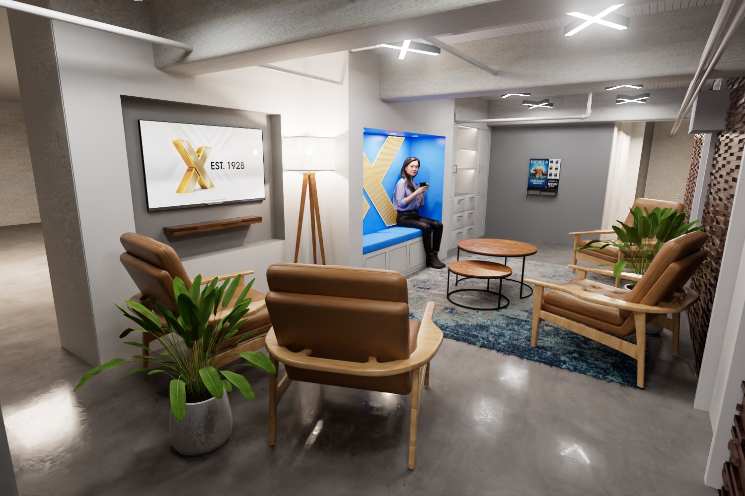 3D interior visualization of a branded staff lounge