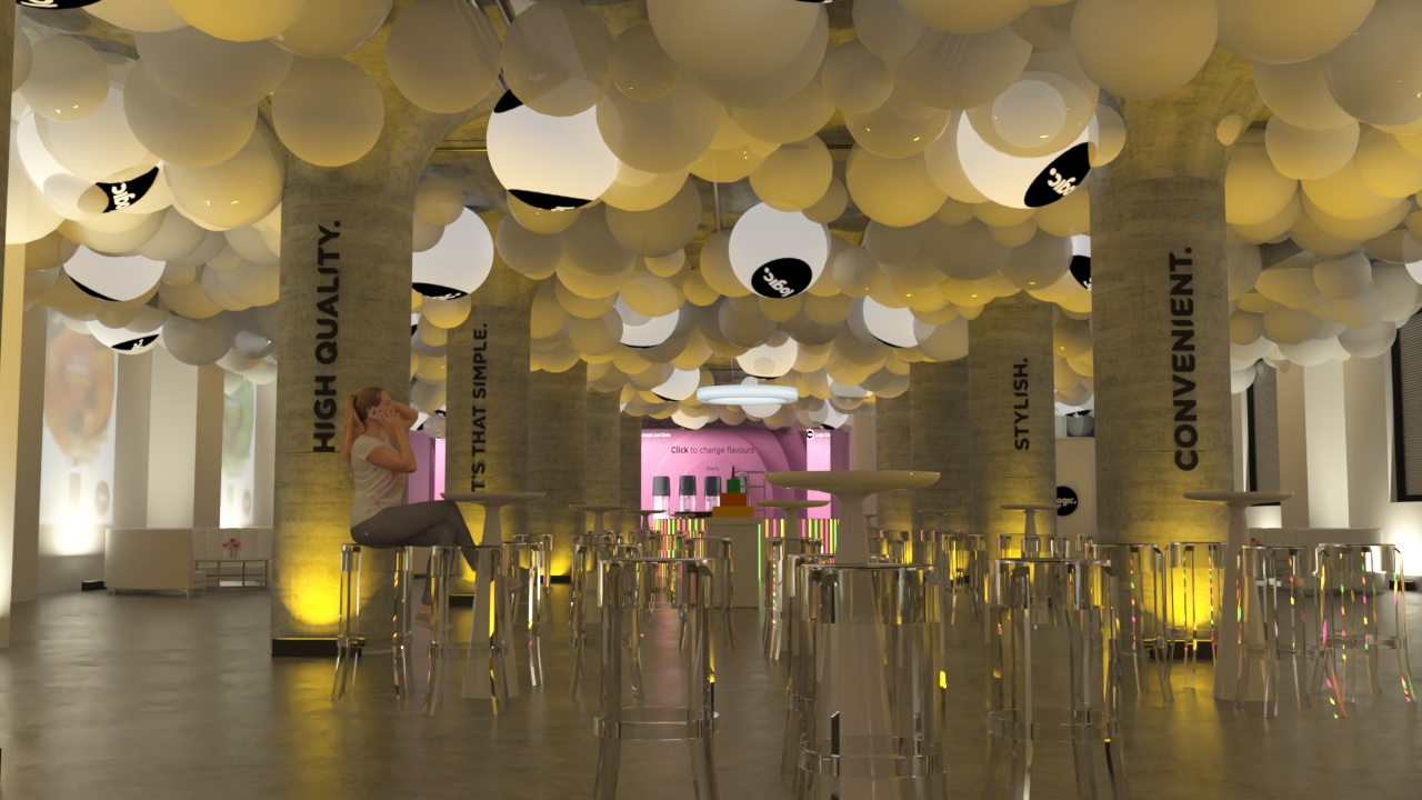 Logic branded event interior with suspended spheres