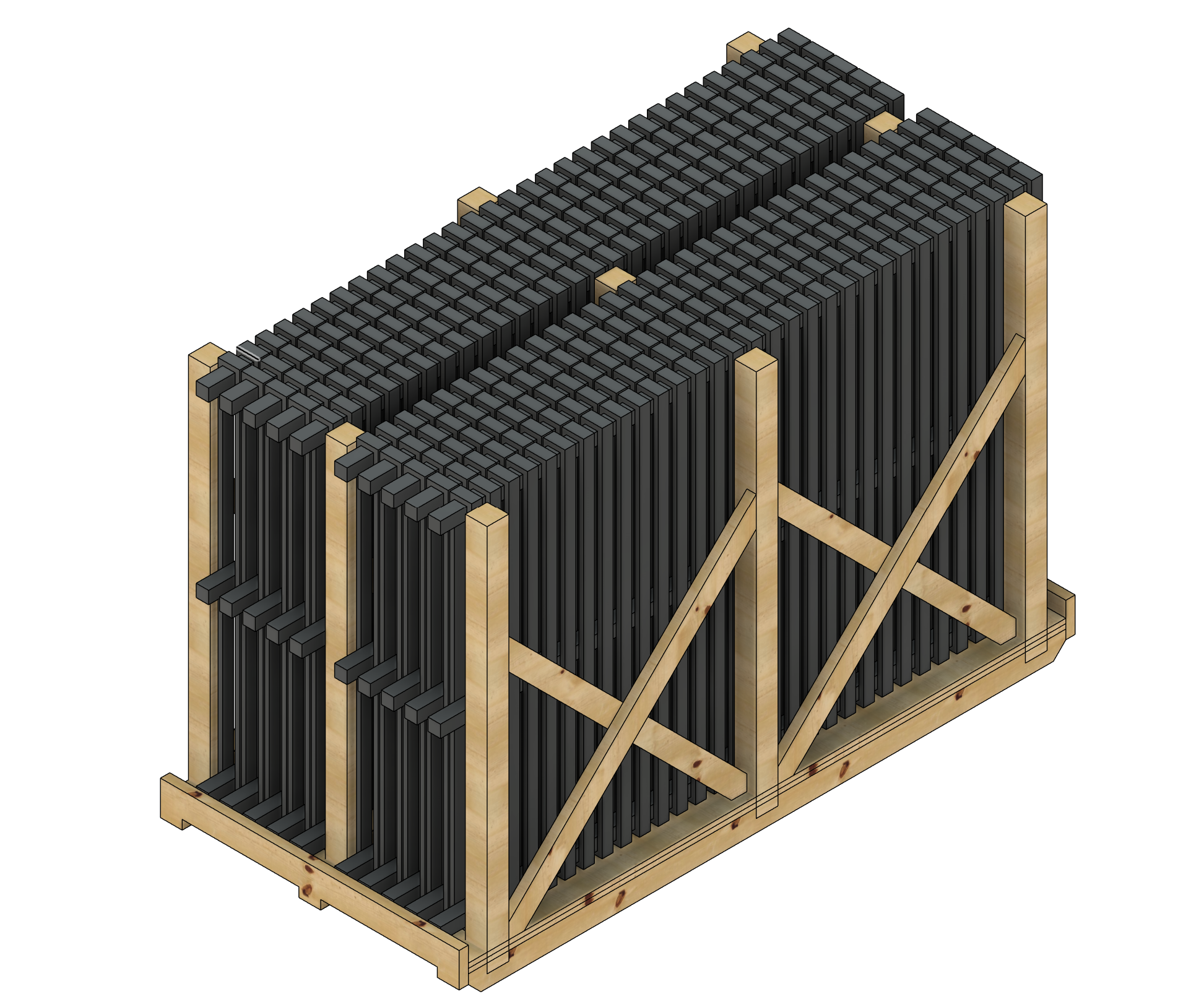 CAD model of a custom transport pallet loaded with framed components