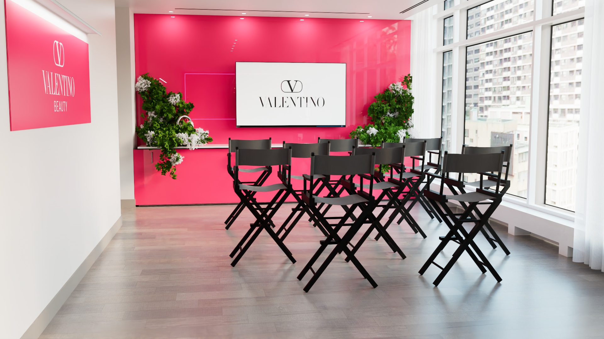 Valentino Beauty bridal suite with presentation seating and floral installations