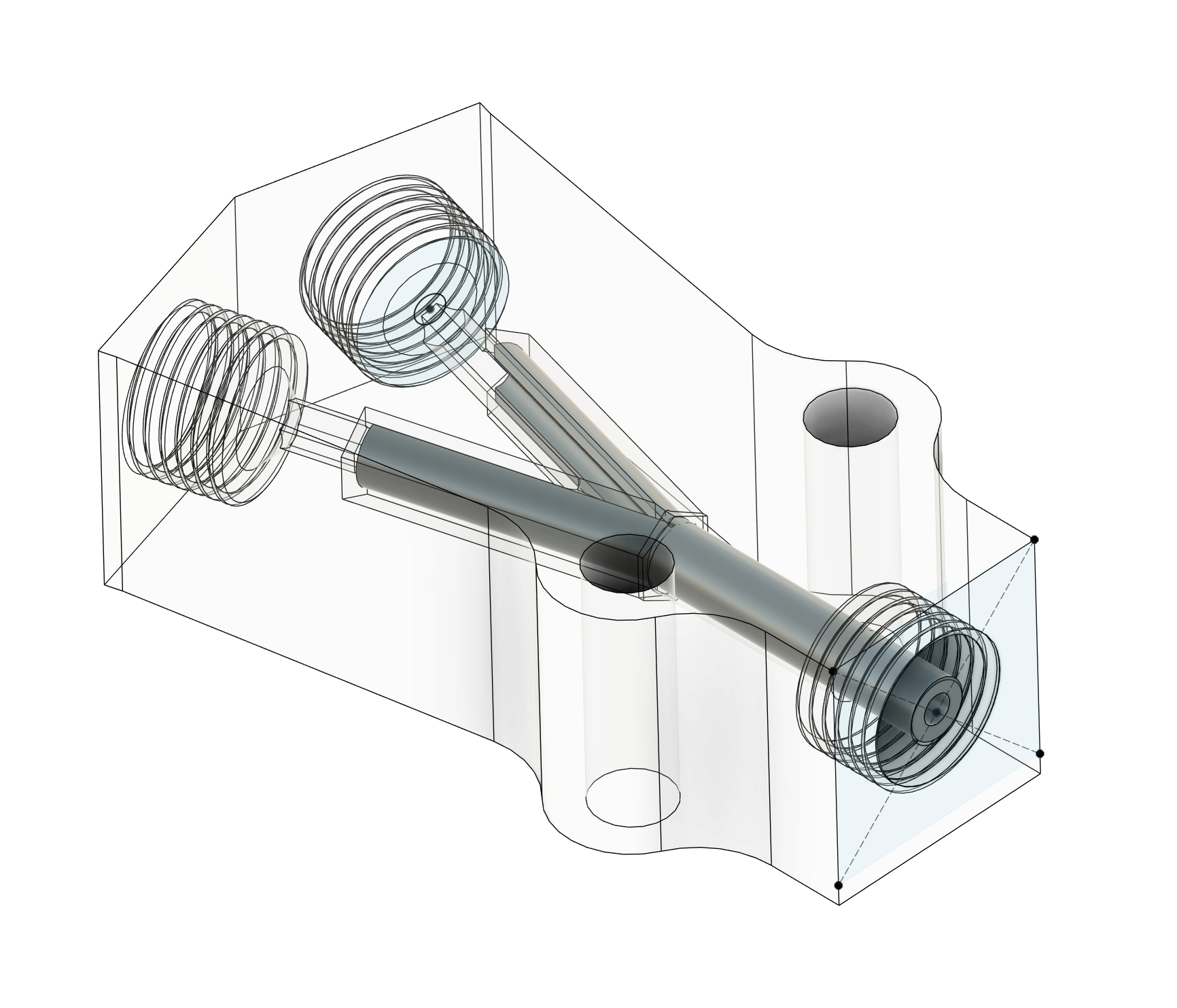 Transparent CAD model of a custom Y-adapter mechanism