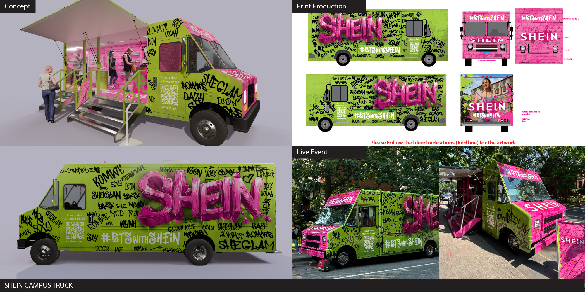SHEIN campus truck concept, print production, and live event